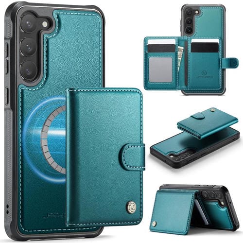 For Samsung Galaxy S23 5G JEEHOOD J09 Buckle Card Bag MagSafe Magnetic Style RFID Leather Phone Case(Green)