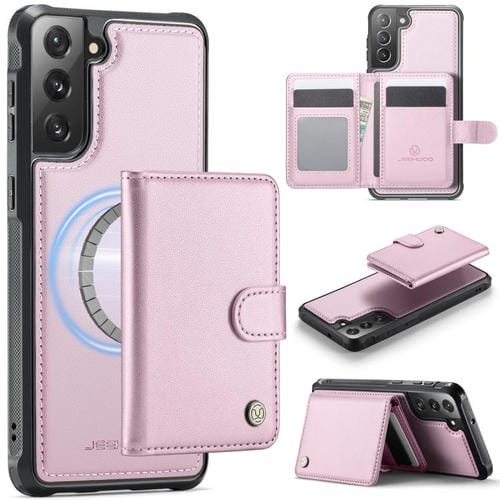 For Samsung Galaxy S22+ 5G JEEHOOD J09 Buckle Card Bag MagSafe Magnetic Style RFID Leather Phone Case(Pink)