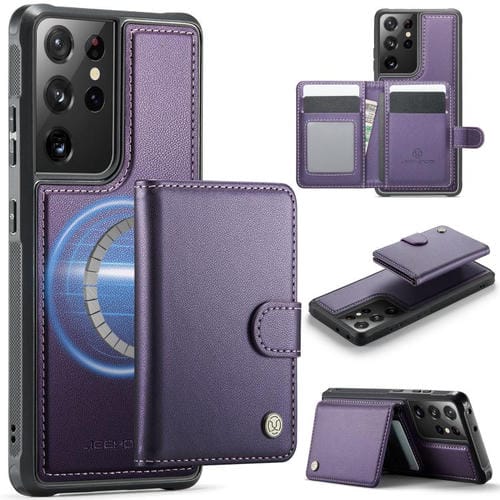 Funda de cuero con hebilla magnética para Samsung Galaxy S21 Ultra 5G JEEHOOD J09, con ranuras para tarjetas, estilo RFID y MagSafe (morado)
