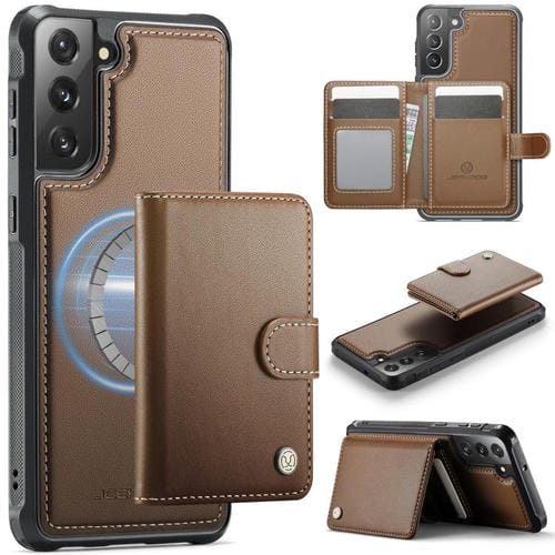 Funda de cuero con hebilla magnética para Samsung Galaxy S21 FE 5G JEEHOOD J09, con ranuras para tarjetas, estilo MagSafe y RFID (marrón)