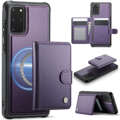 Funda de cuero con hebilla magnética para Samsung Galaxy S20+ JEEHOOD J09, estilo RFID, con tarjetero MagSafe (morado)