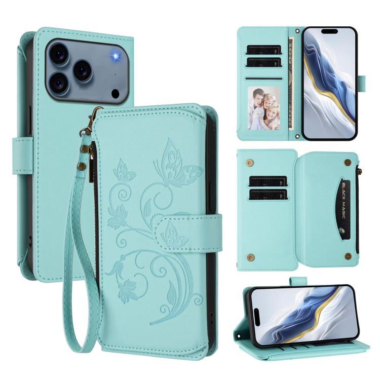 Funda de cuero con cremallera para iPhone 17 Pro Max, diseño de mariposas, flores y amor (verde menta)