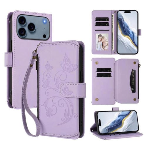Funda de cuero con cremallera para iPhone 17 Pro, diseño de mariposas, flores y amor (morado claro)