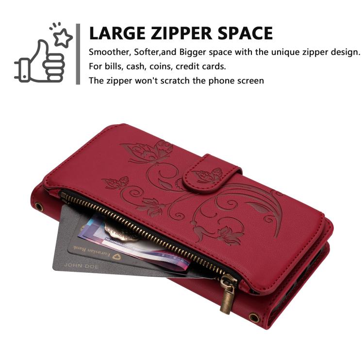 Funda de cuero con cremallera para iPhone 16e, diseño de mariposas, flores y amor (rojo vino)