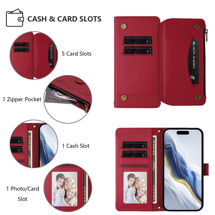Funda de cuero con cremallera para iPhone 16e, diseño de mariposas, flores y amor (rojo vino)