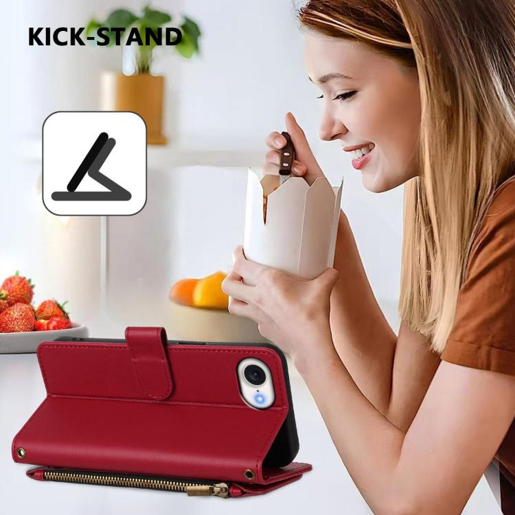 Funda de cuero con cremallera para iPhone 16e, diseño de mariposas, flores y amor (rojo vino)