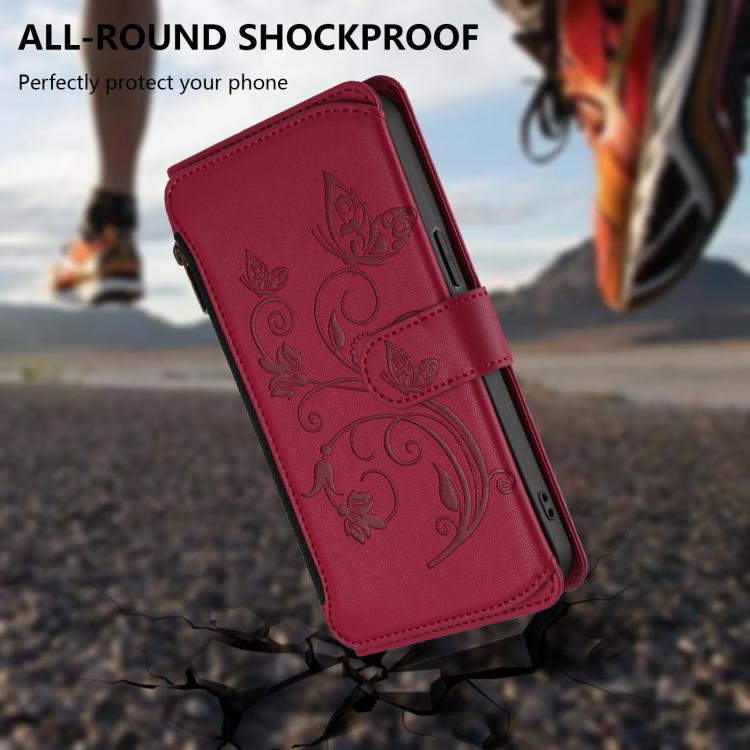 Funda de cuero con cremallera para iPhone 16e, diseño de mariposas, flores y amor (rojo vino)