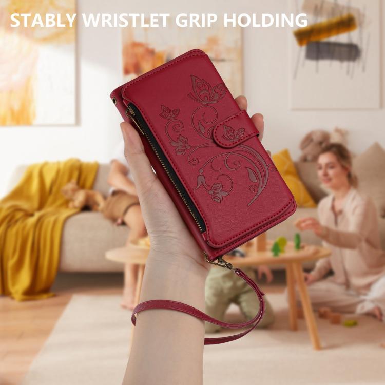 Funda de cuero con cremallera para iPhone 16e, diseño de mariposas, flores y amor (rojo vino)