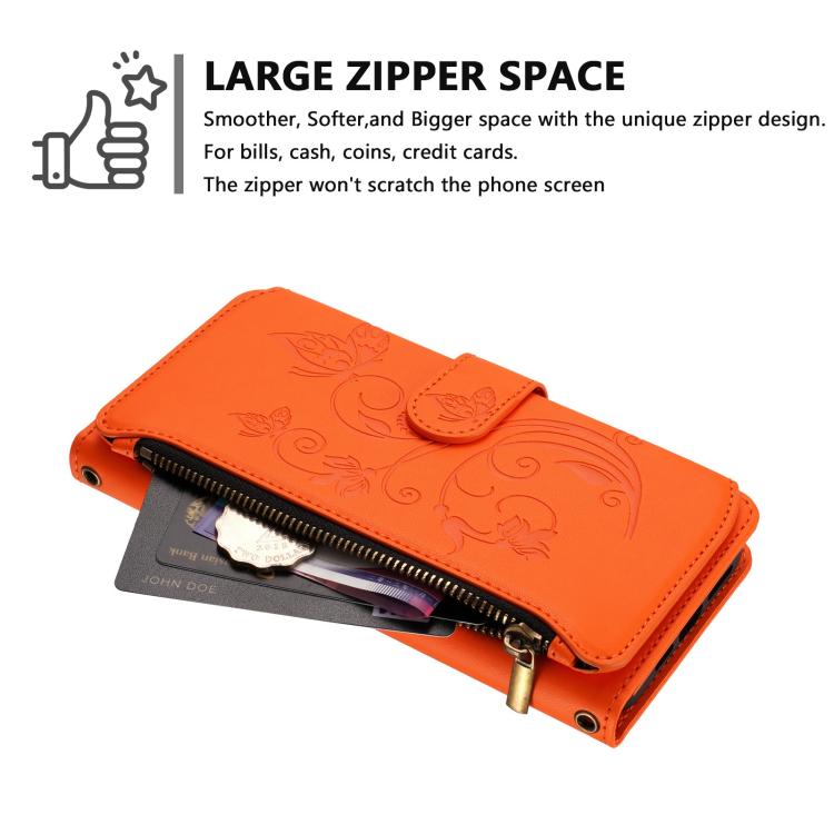 Funda de cuero con cremallera para iPhone 16e, diseño de mariposas, flores y amor (naranja)