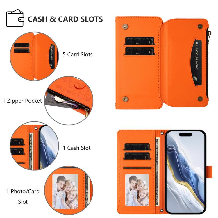 Funda de cuero con cremallera para iPhone 16e, diseño de mariposas, flores y amor (naranja)