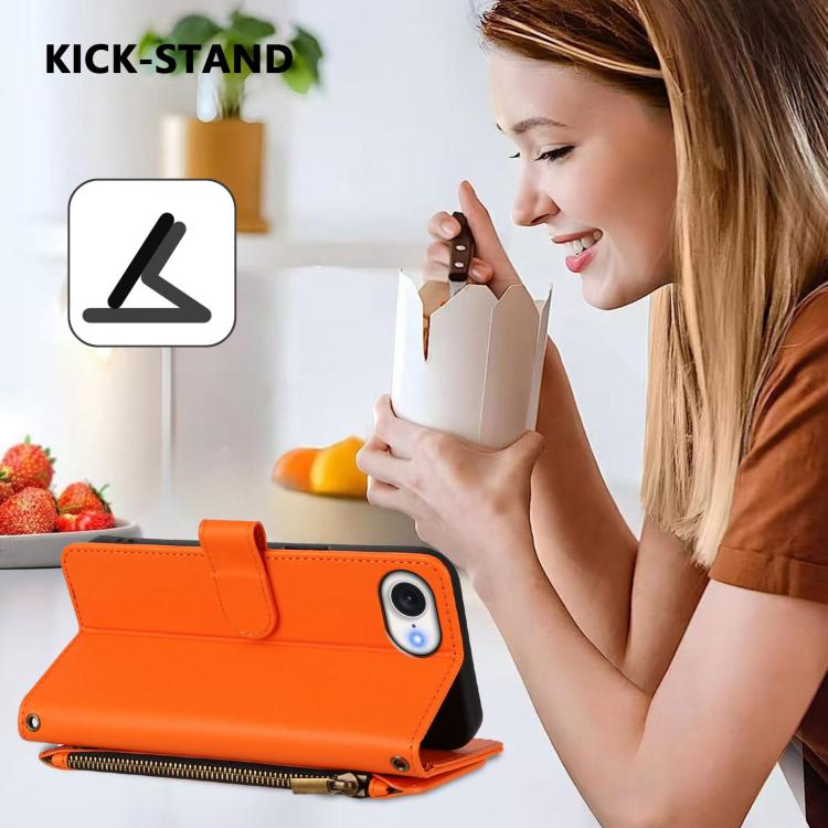 Funda de cuero con cremallera para iPhone 16e, diseño de mariposas, flores y amor (naranja)
