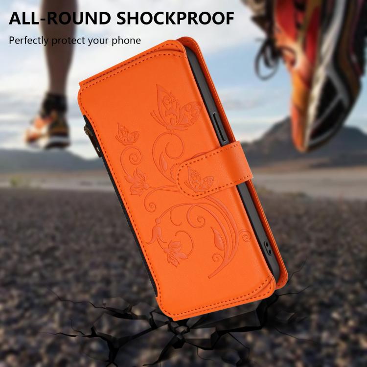Funda de cuero con cremallera para iPhone 16e, diseño de mariposas, flores y amor (naranja)