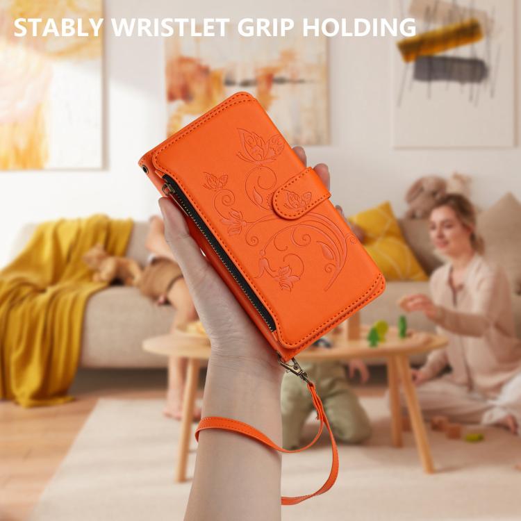 Funda de cuero con cremallera para iPhone 16e, diseño de mariposas, flores y amor (naranja)