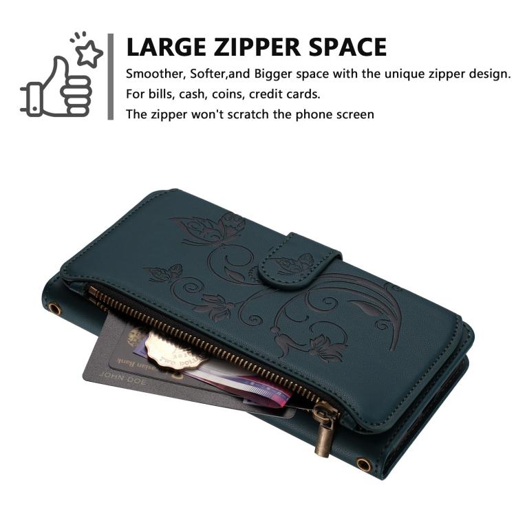 Funda de cuero con cremallera para iPhone 16e, diseño de mariposas, flores y amor (verde oscuro)