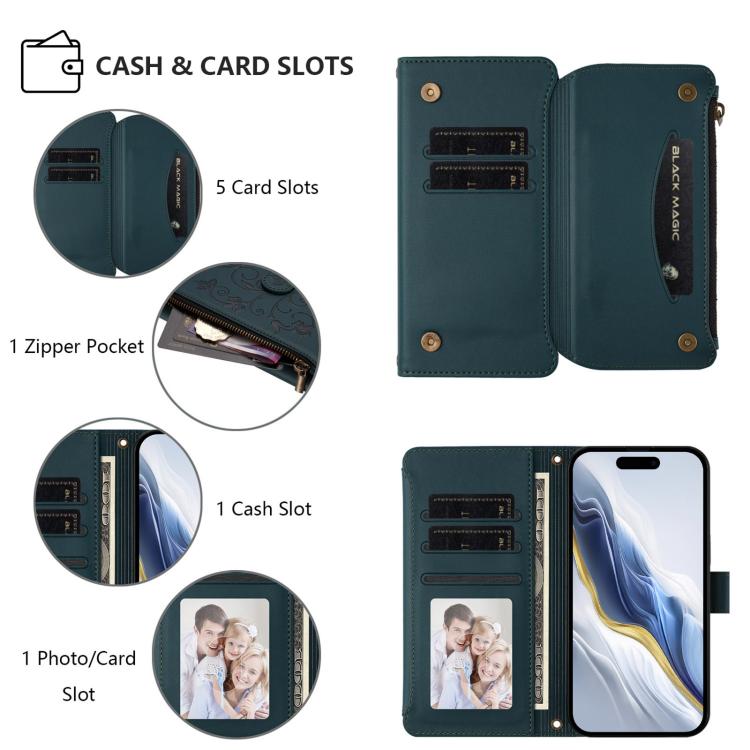 Funda de cuero con cremallera para iPhone 16e, diseño de mariposas, flores y amor (verde oscuro)