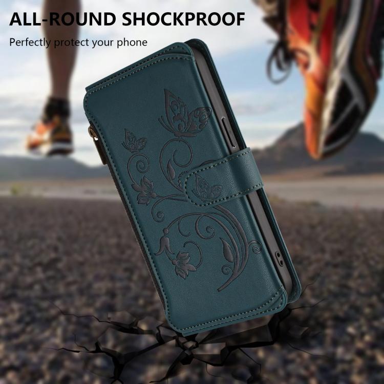 Funda de cuero con cremallera para iPhone 16e, diseño de mariposas, flores y amor (verde oscuro)