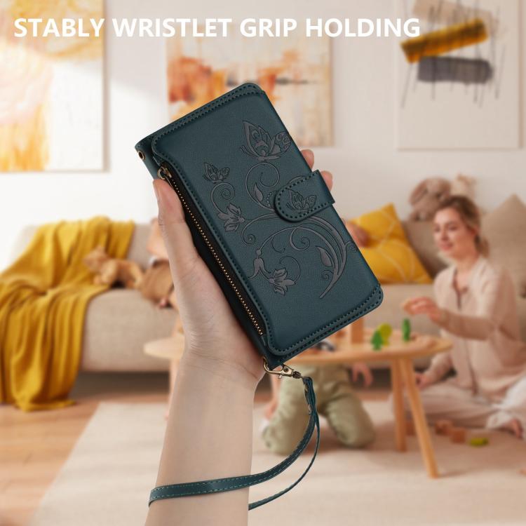 Funda de cuero con cremallera para iPhone 16e, diseño de mariposas, flores y amor (verde oscuro)