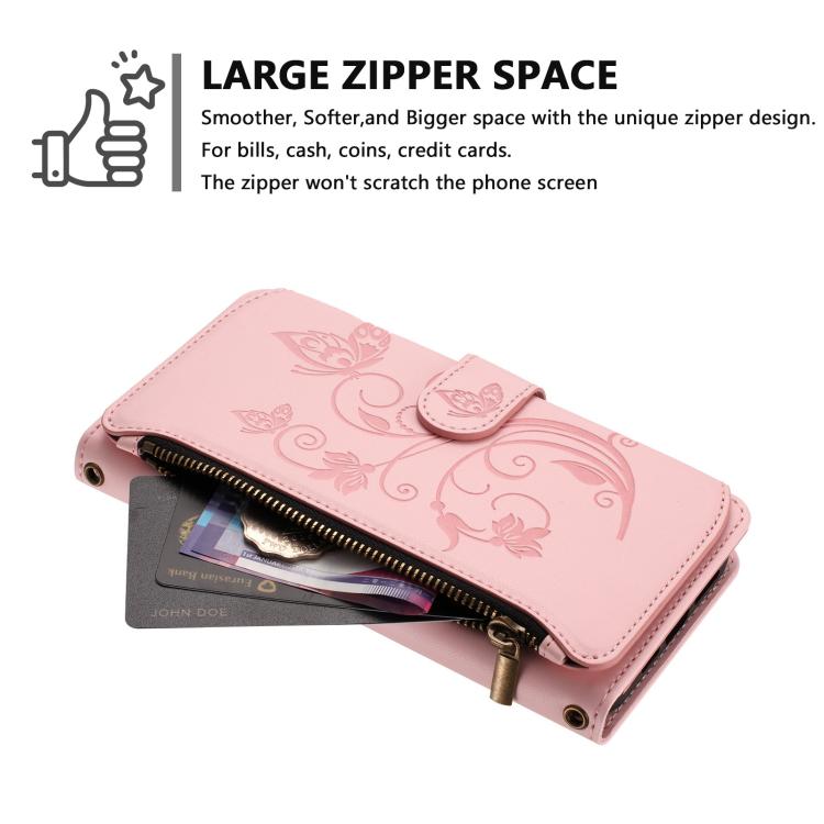 Funda de cuero con cremallera para iPhone 16e, diseño de mariposas, flores y amor (rosa)