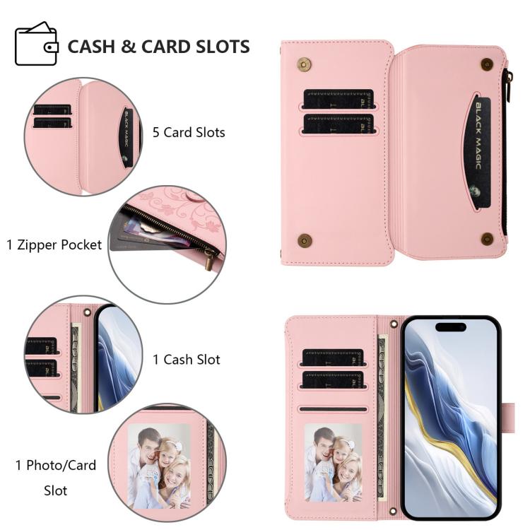 Funda de cuero con cremallera para iPhone 16e, diseño de mariposas, flores y amor (rosa)