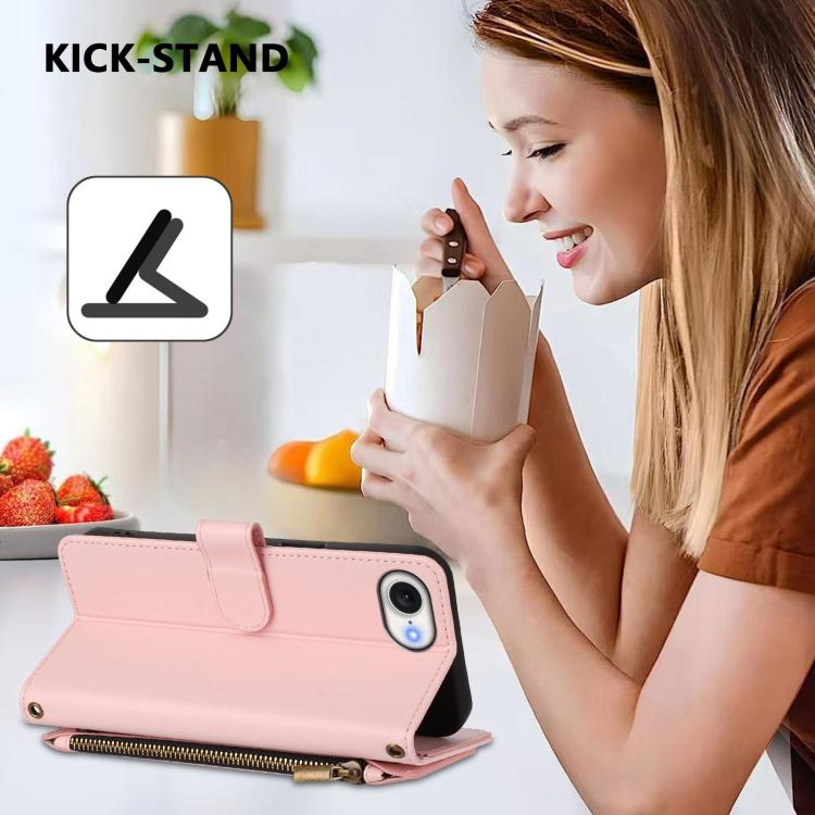 Funda de cuero con cremallera para iPhone 16e, diseño de mariposas, flores y amor (rosa)