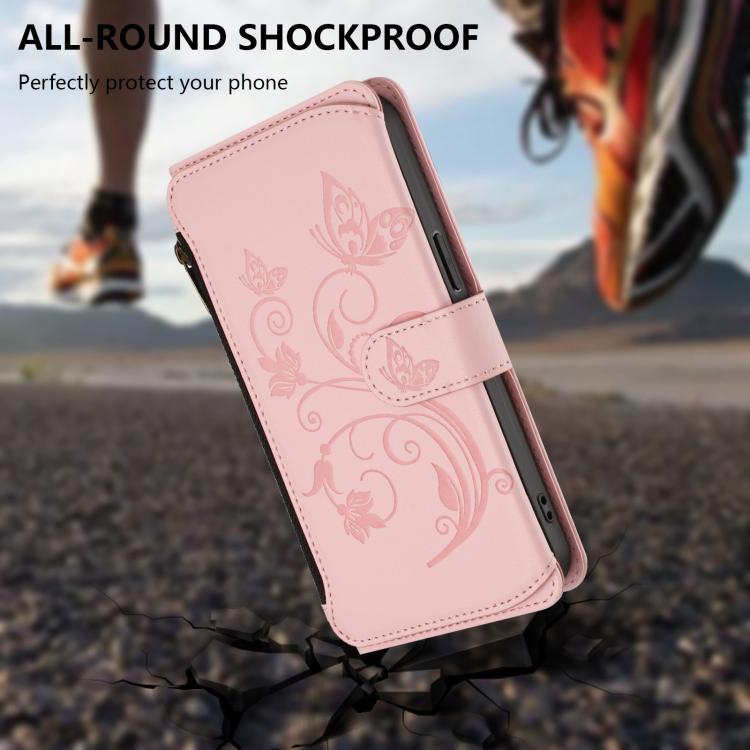 Funda de cuero con cremallera para iPhone 16e, diseño de mariposas, flores y amor (rosa)