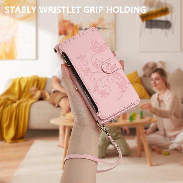 Funda de cuero con cremallera para iPhone 16e, diseño de mariposas, flores y amor (rosa)