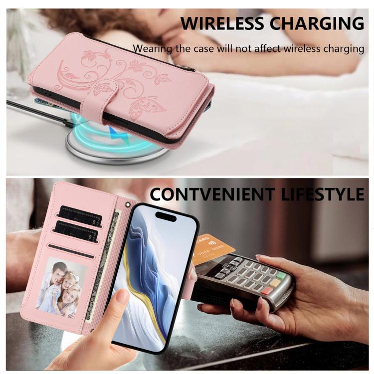 Funda de cuero con cremallera para iPhone 16e, diseño de mariposas, flores y amor (rosa)