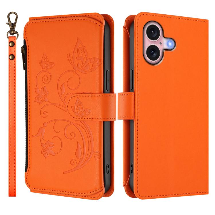 Funda de cuero con cremallera para iPhone 16 Plus, diseño de mariposas, flores y amor (naranja)