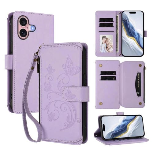 Funda de cuero con cremallera para iPhone 16 Plus, diseño de mariposas, flores y amor (morado claro)