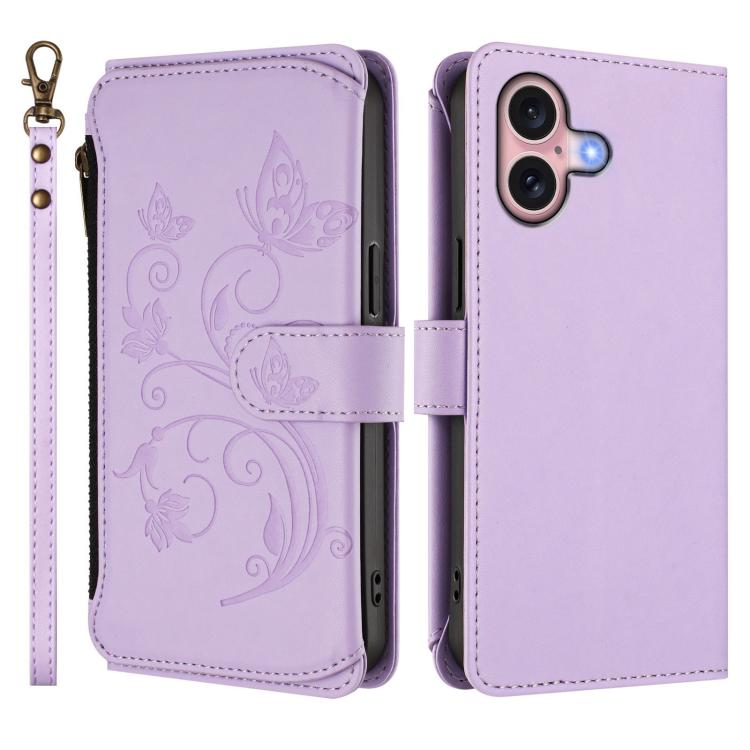 Funda de cuero con cremallera para iPhone 16 Plus, diseño de mariposas, flores y amor (morado claro)
