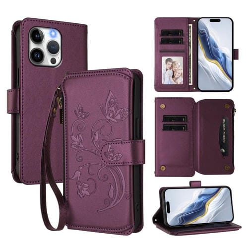 Funda de cuero con cremallera para iPhone 15 Pro, diseño de mariposas, flores y amor (morado oscuro)