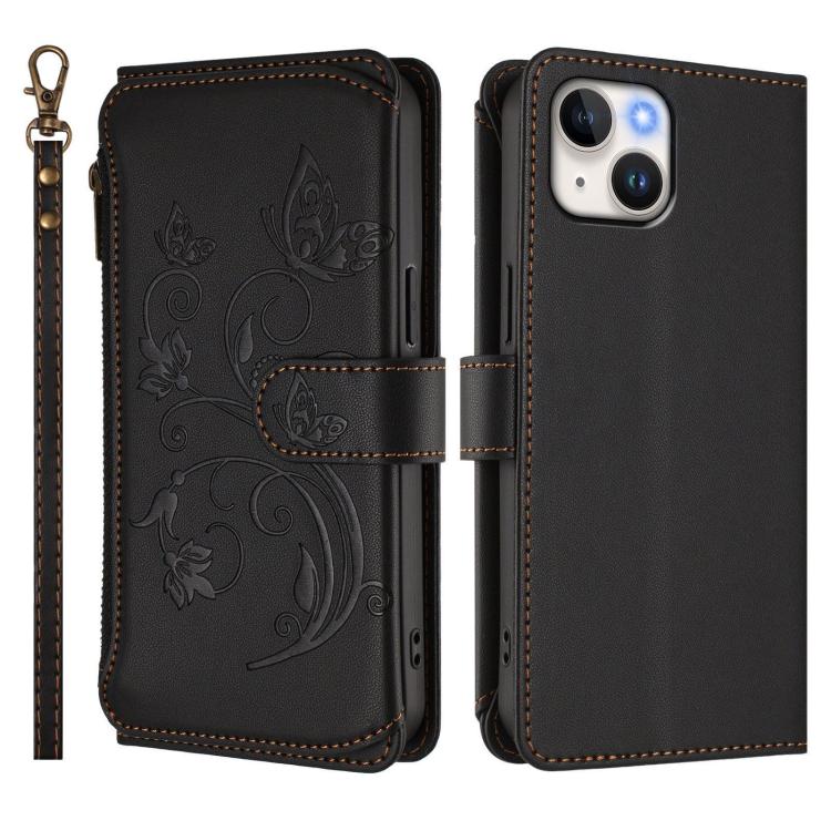 Funda de cuero con cremallera para iPhone 14/13, diseño de mariposas, flores y amor, con múltiples tarjetas (negro)