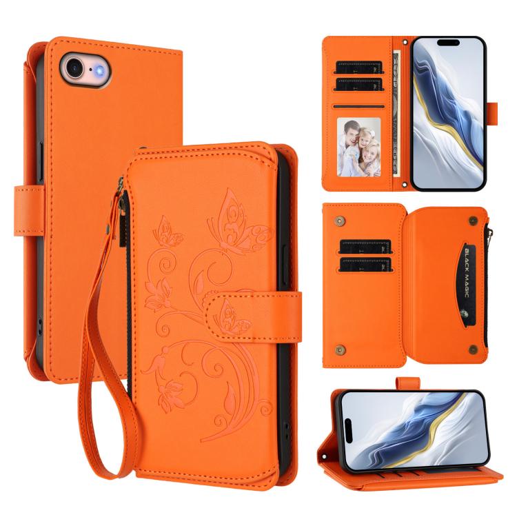Funda de cuero con cremallera para iPhone 7/8/SE 2022, diseño de mariposas, flores y amor (naranja)