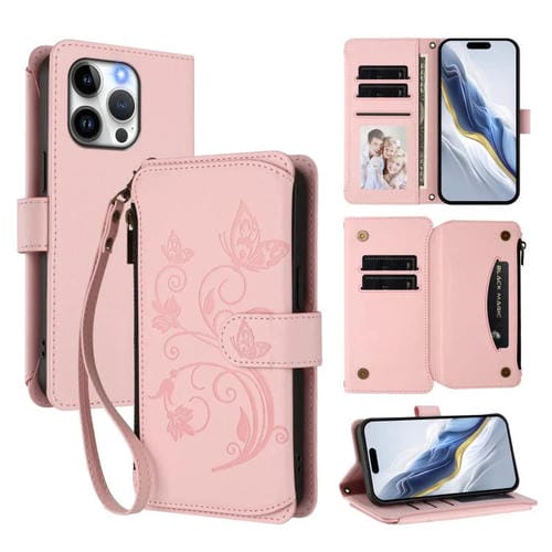 Funda de cuero con cremallera para iPhone 13 Pro Max, diseño de mariposas, flores y amor (rosa)