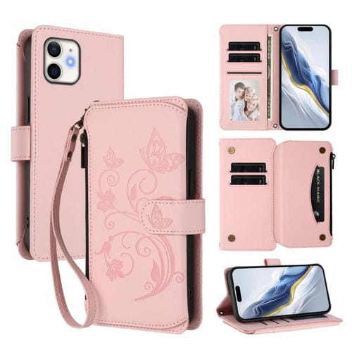 Funda de cuero con cremallera para iPhone 12 mini, diseño de mariposas, flores y amor, con múltiples tarjetas (rosa)