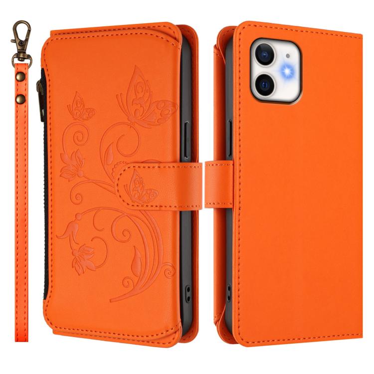Funda de cuero con cremallera para iPhone 11, diseño de mariposas, flores y amor (naranja)
