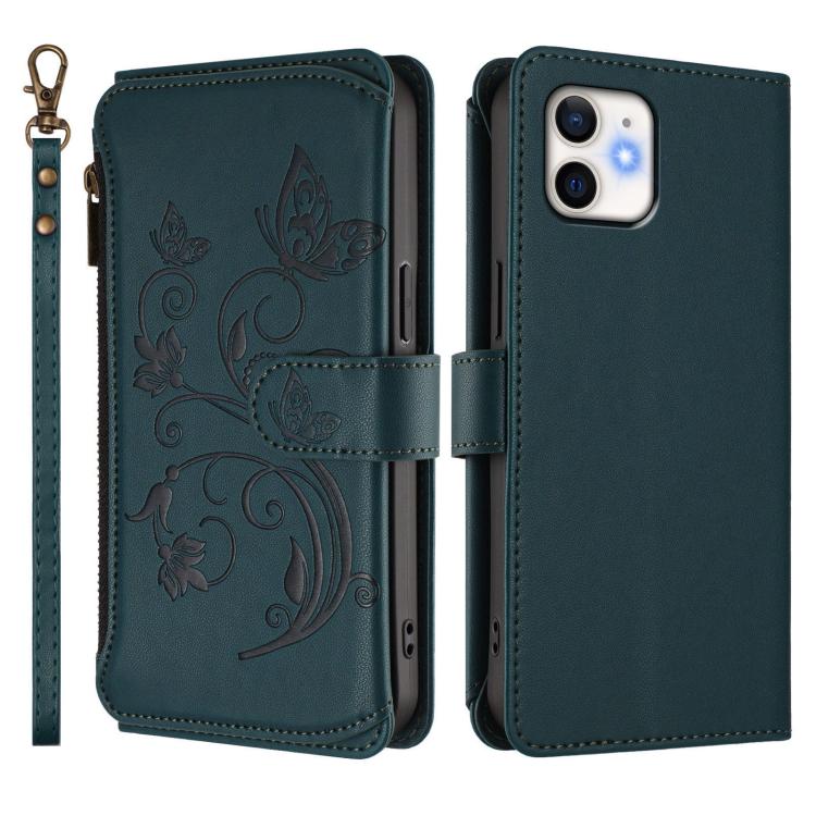 Funda de cuero con cremallera para iPhone 11, diseño de mariposas, flores y amor (verde oscuro)
