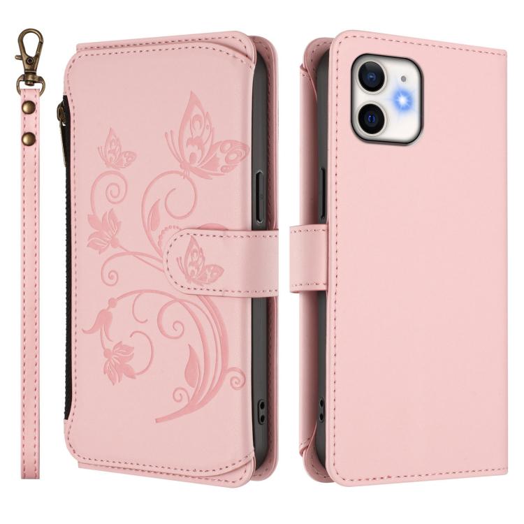 Funda de cuero con cremallera para iPhone 11, diseño de mariposas, flores y amor (rosa)