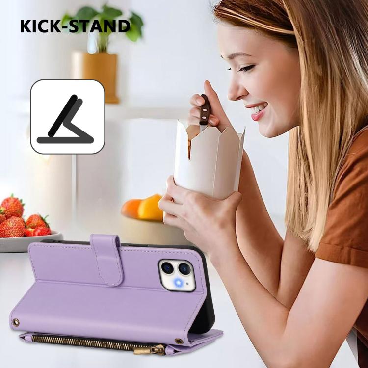 Funda de cuero con cremallera para iPhone 11, diseño de mariposas, flores y amor (morado claro)