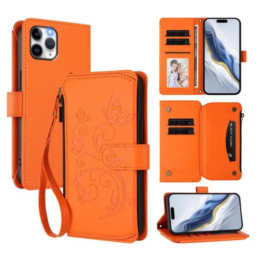 Funda de cuero con cremallera para iPhone 11 Pro, diseño de mariposas, flores y amor (naranja)