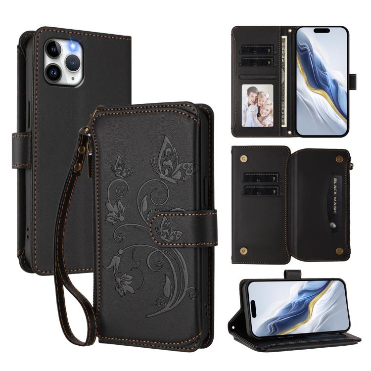 Funda de cuero con cremallera para iPhone 11 Pro, diseño de mariposas, flores y amor, con múltiples tarjetas (negro)