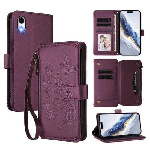 Funda de cuero con cremallera para iPhone XR, diseño de mariposas, flores y amor, con múltiples tarjetas (morado oscuro)