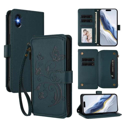 Funda de cuero con cremallera para iPhone XS Max, diseño de mariposas, flores y amor, con múltiples tarjetas (verde oscuro)