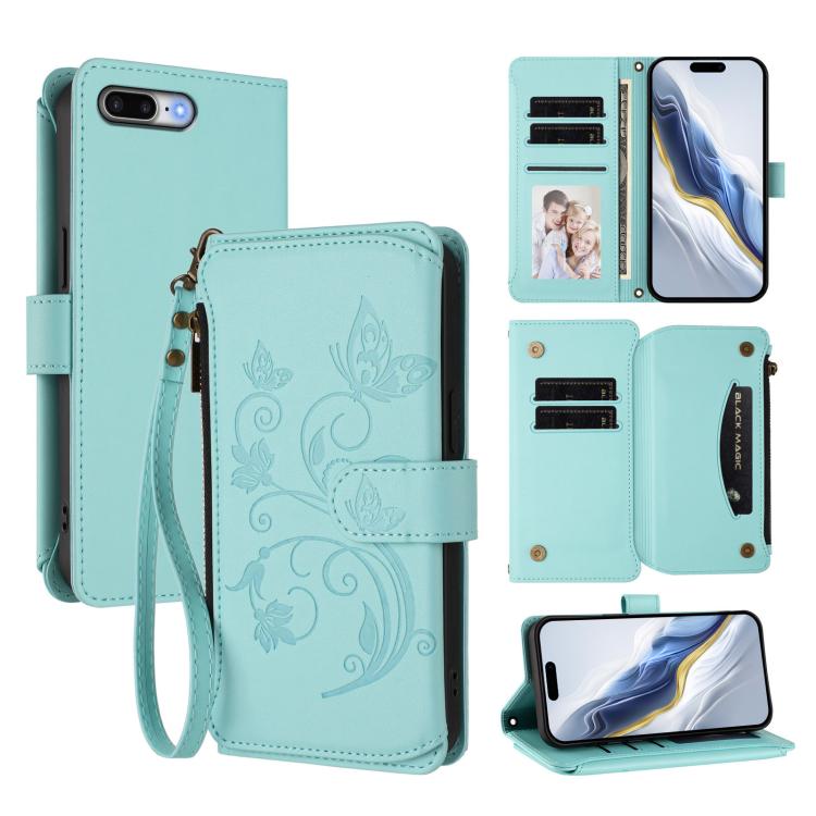 Funda de cuero con cremallera para iPhone 7 Plus/8 Plus, diseño de mariposas, flores y amor (verde menta)