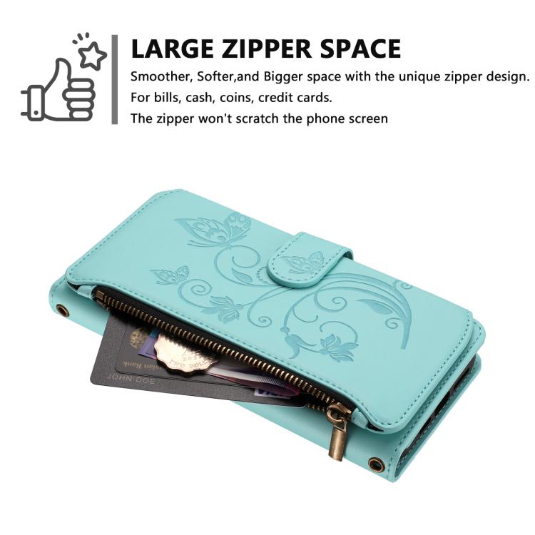 Funda de cuero con cremallera para iPhone 7 Plus/8 Plus, diseño de mariposas, flores y amor (verde menta)