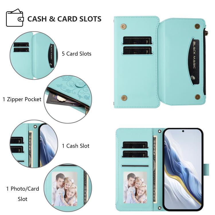 Funda de cuero con cremallera para iPhone 7 Plus/8 Plus, diseño de mariposas, flores y amor (verde menta)