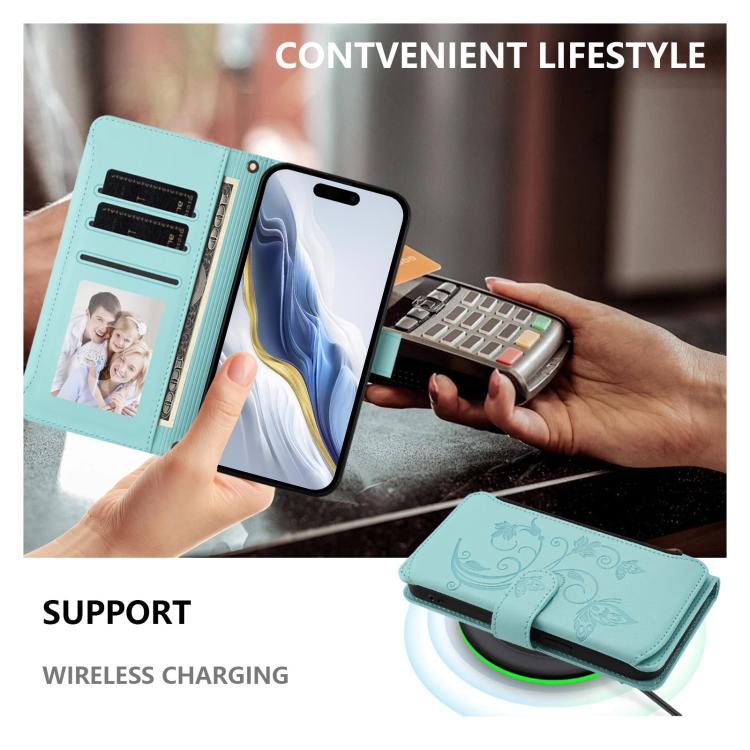 Funda de cuero con cremallera para iPhone 7 Plus/8 Plus, diseño de mariposas, flores y amor (verde menta)