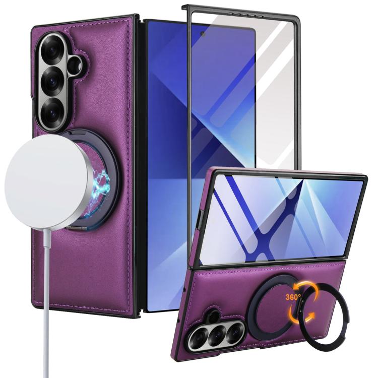 Funda de cuero plegable con soporte giratorio y película MagSafe para Samsung Galaxy Z Fold7 5G (morado oscuro)