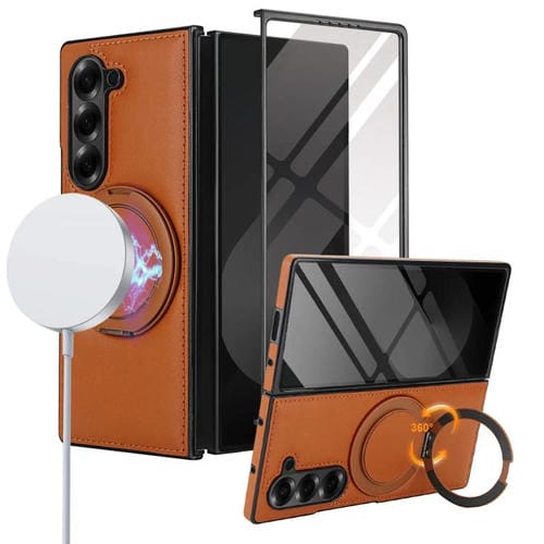 Funda de cuero plegable con soporte giratorio y película MagSafe integrada para Samsung Galaxy Z Fold6 (marrón)