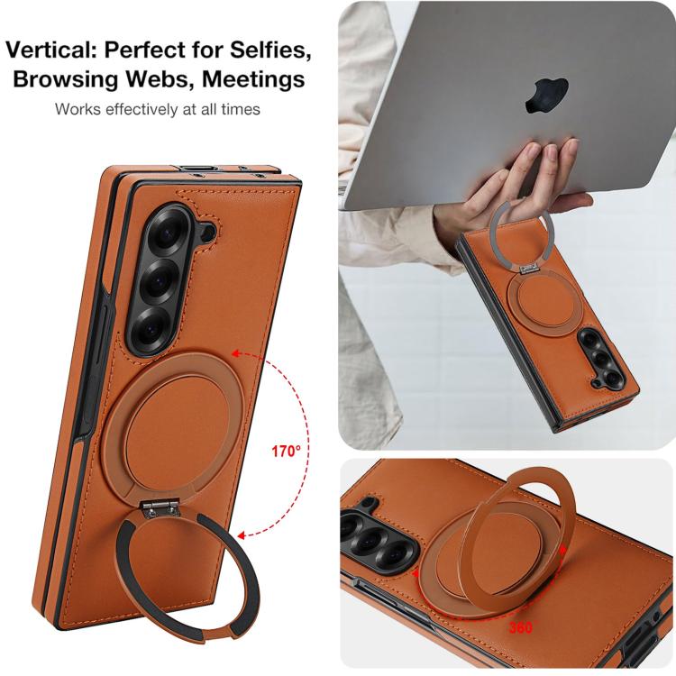 Funda de cuero plegable con soporte giratorio y película MagSafe integrada para Samsung Galaxy Z Fold5 (marrón)
